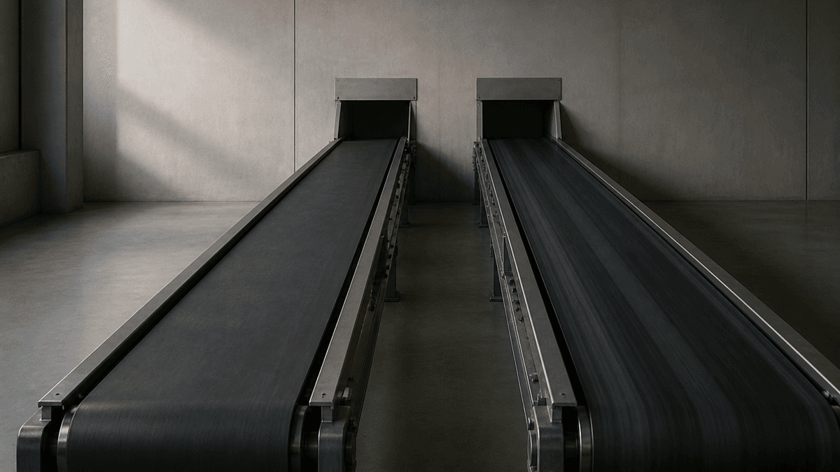 Zwei parallele Foerderbaender, eines steht still, das andere laeuft weiter