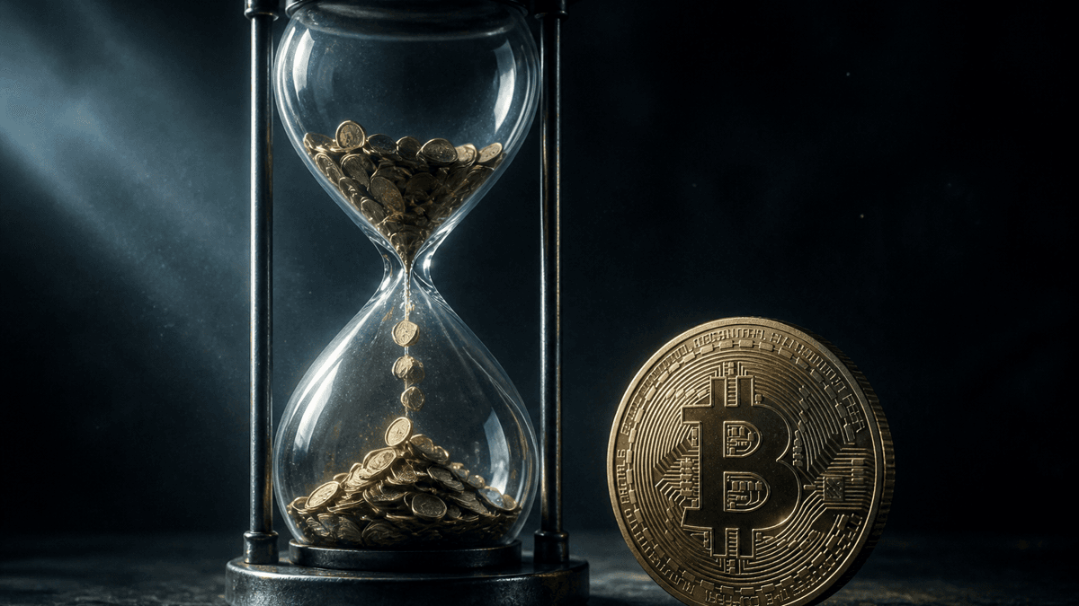 Sanduhr, durch die Metallmünzen statt Sand rieseln, daneben eine aufrechte Münze mit Bitcoin-Symbol