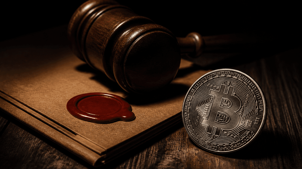 Richterhammer auf einem gesiegelten Aktendeckel neben einer Silbermünze mit Bitcoin-Symbol