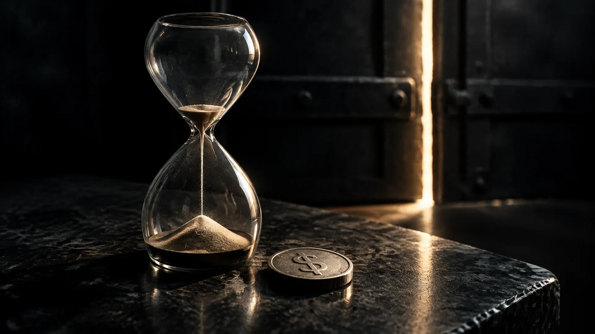 An almost empty glass hourglass on a dark stone table beside a heavy metal coin, with a metal door closing to a sliver of light in the background