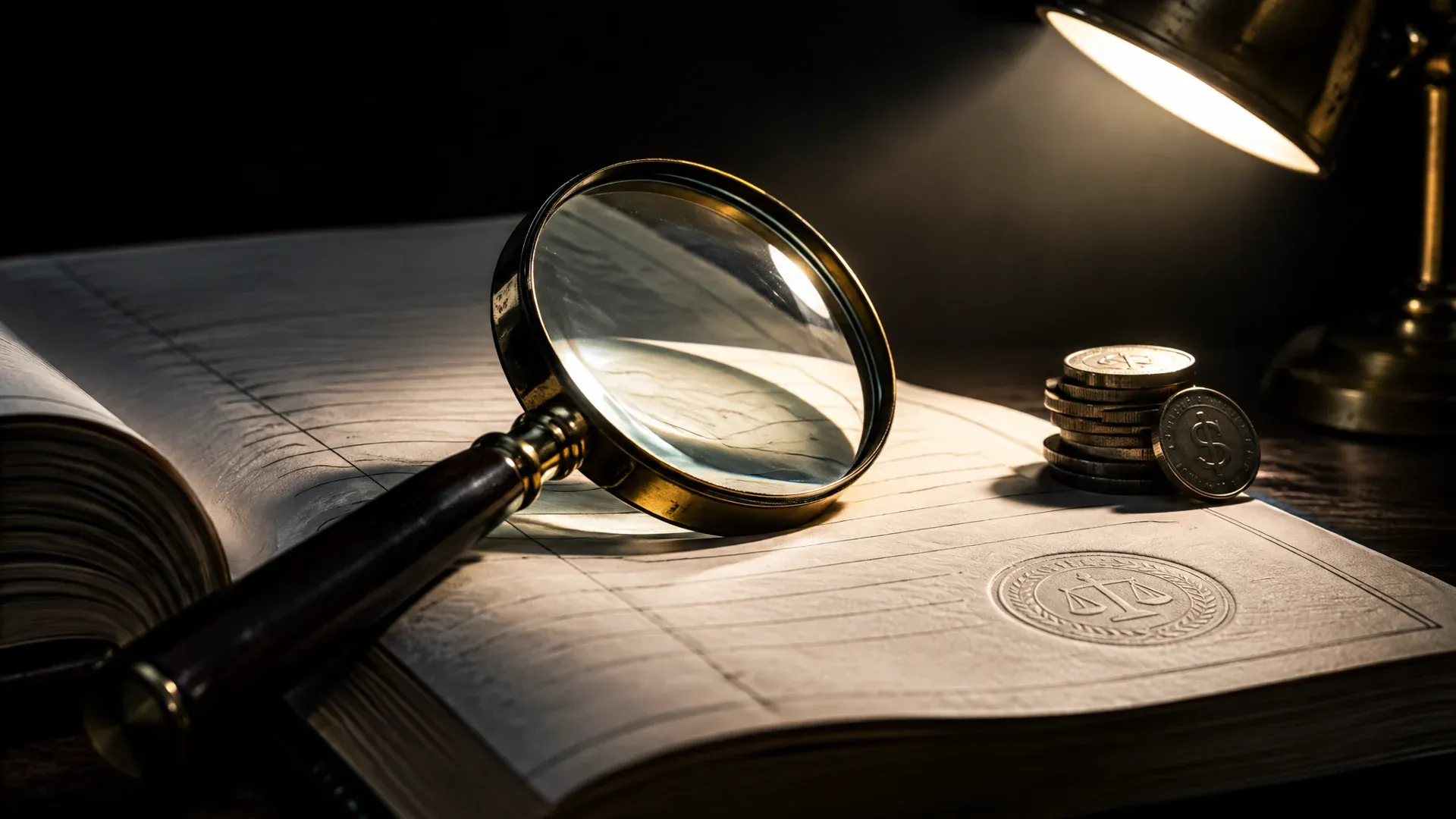 A large magnifying glass on an open official register volume with an embossed seal, beside a stack of heavy metal coins under a brass reading lamp