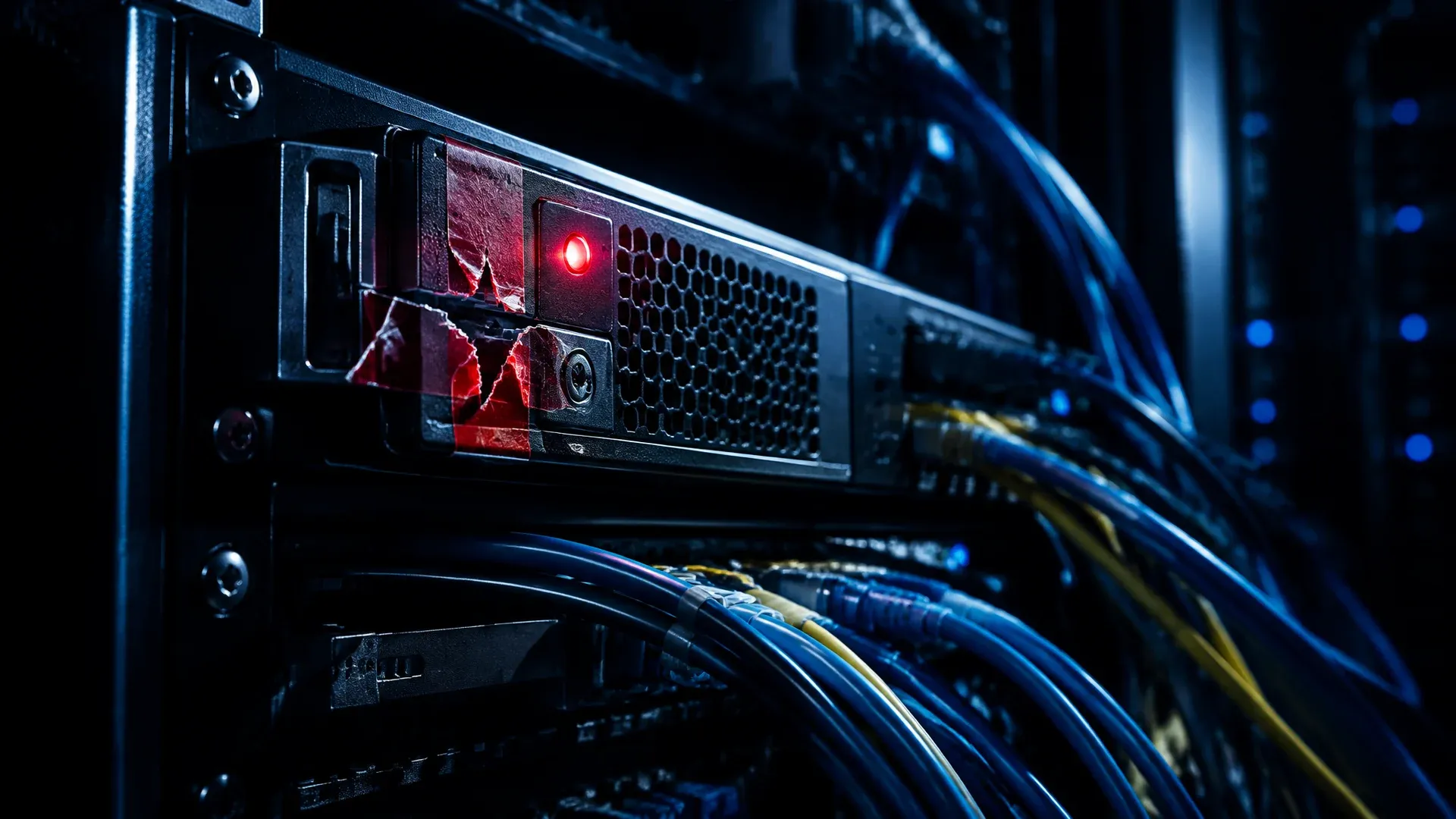 Server unit with a broken security seal and a glowing red warning light in a dark data centre