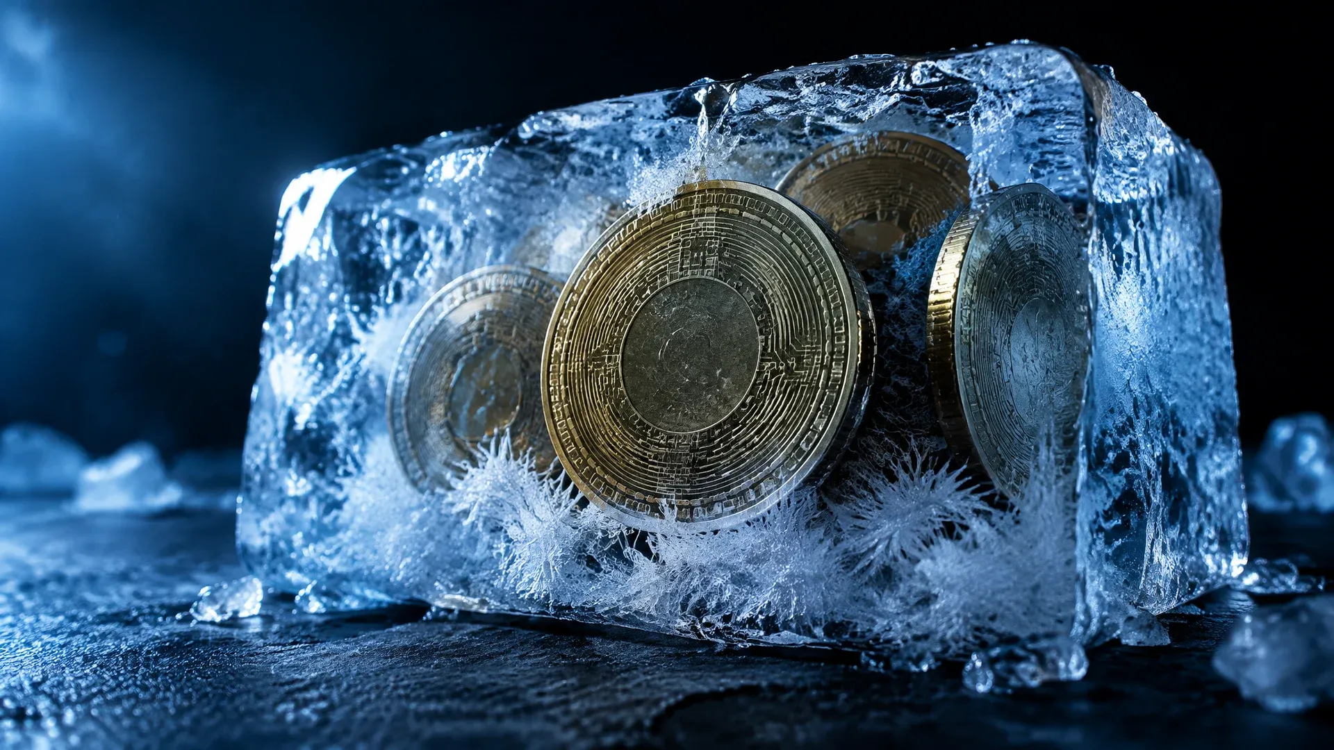Several plain coins encased in a clear block of ice on dark stone