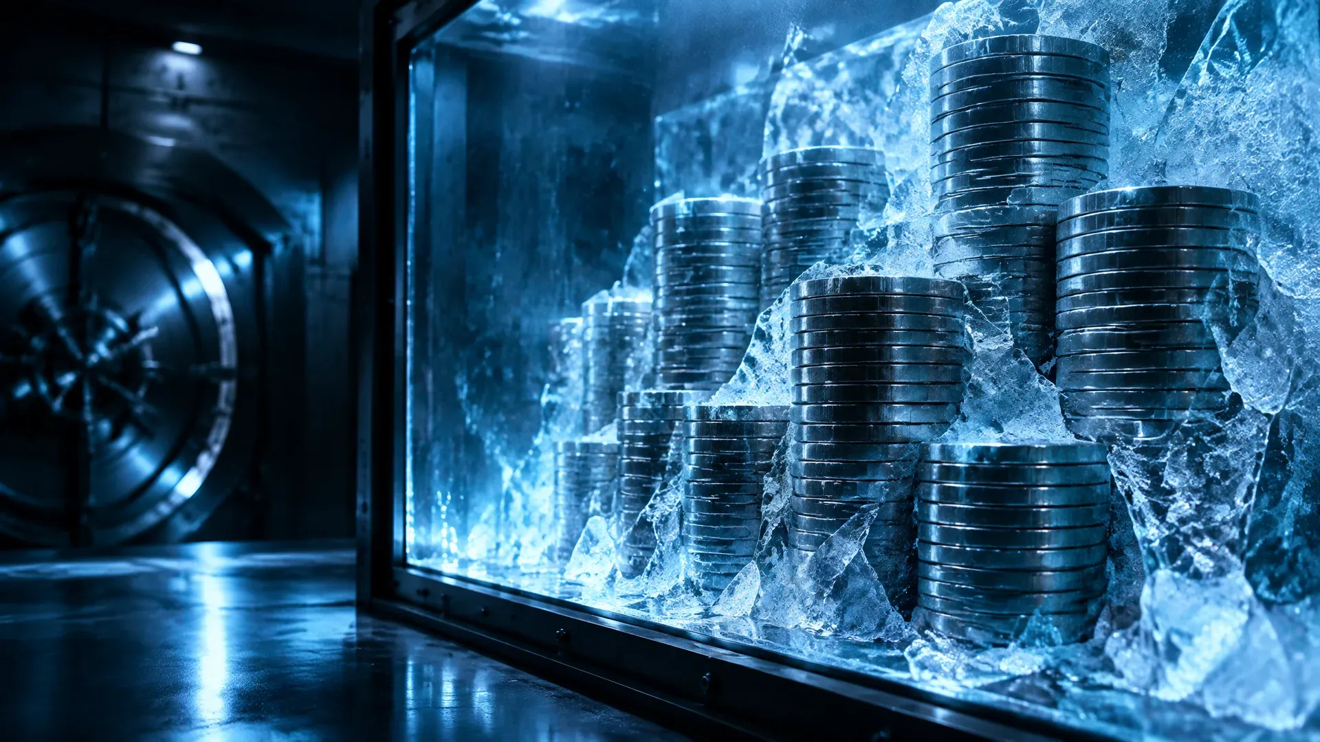 Vault room with frozen coin stacks behind glass