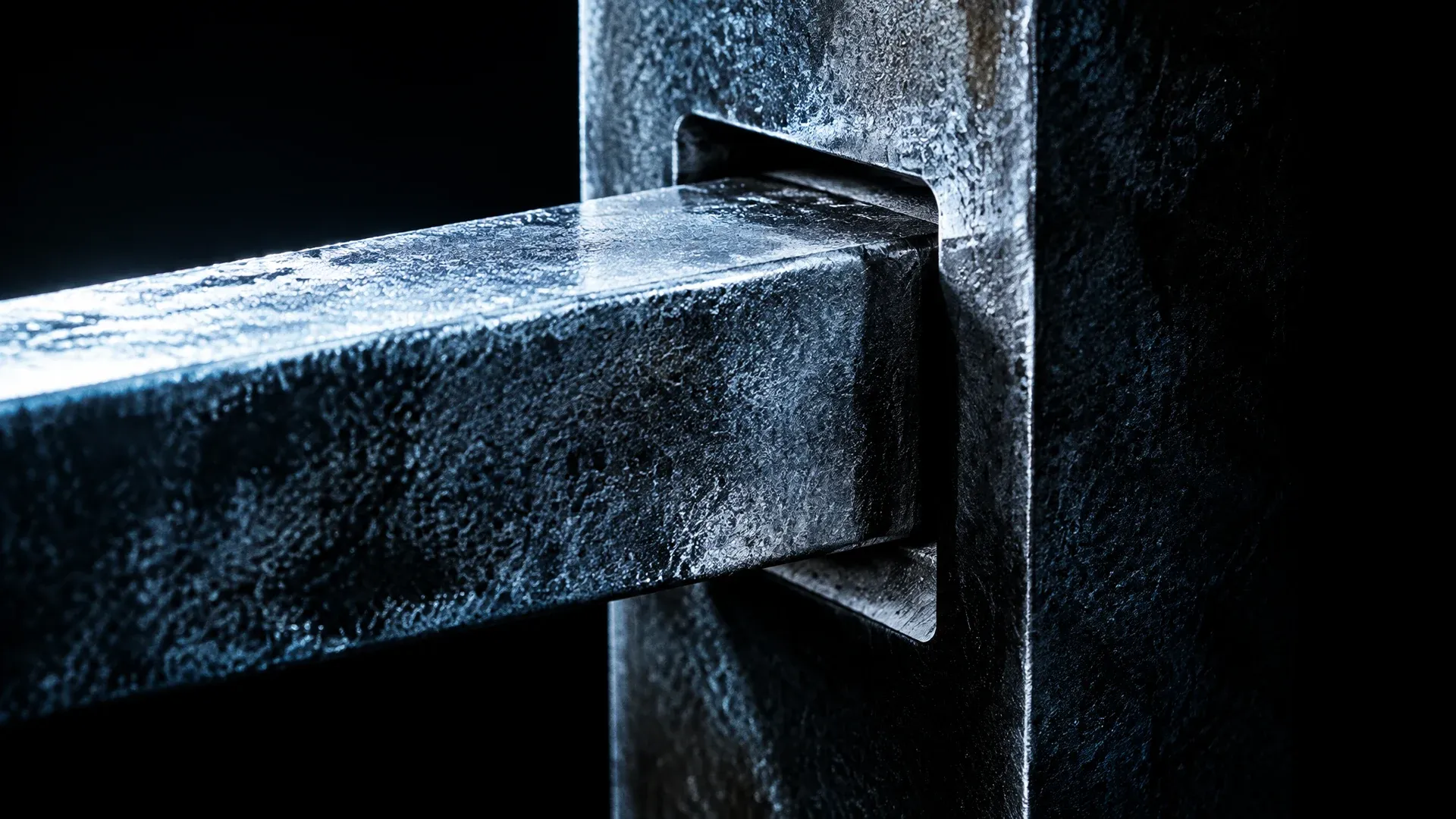 Nahaufnahme eines schweren Stahlriegels, der mit Frostschimmer in einem Metallrahmen eingerastet ist