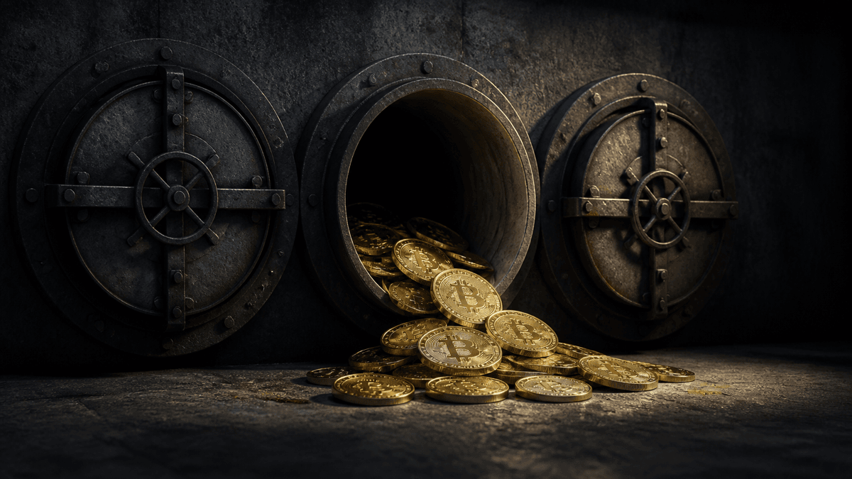 Drei runde Stahlluken in einer Betonwand, zwei fest verriegelt, aus der mittleren offenen quellen goldene Münzen hervor