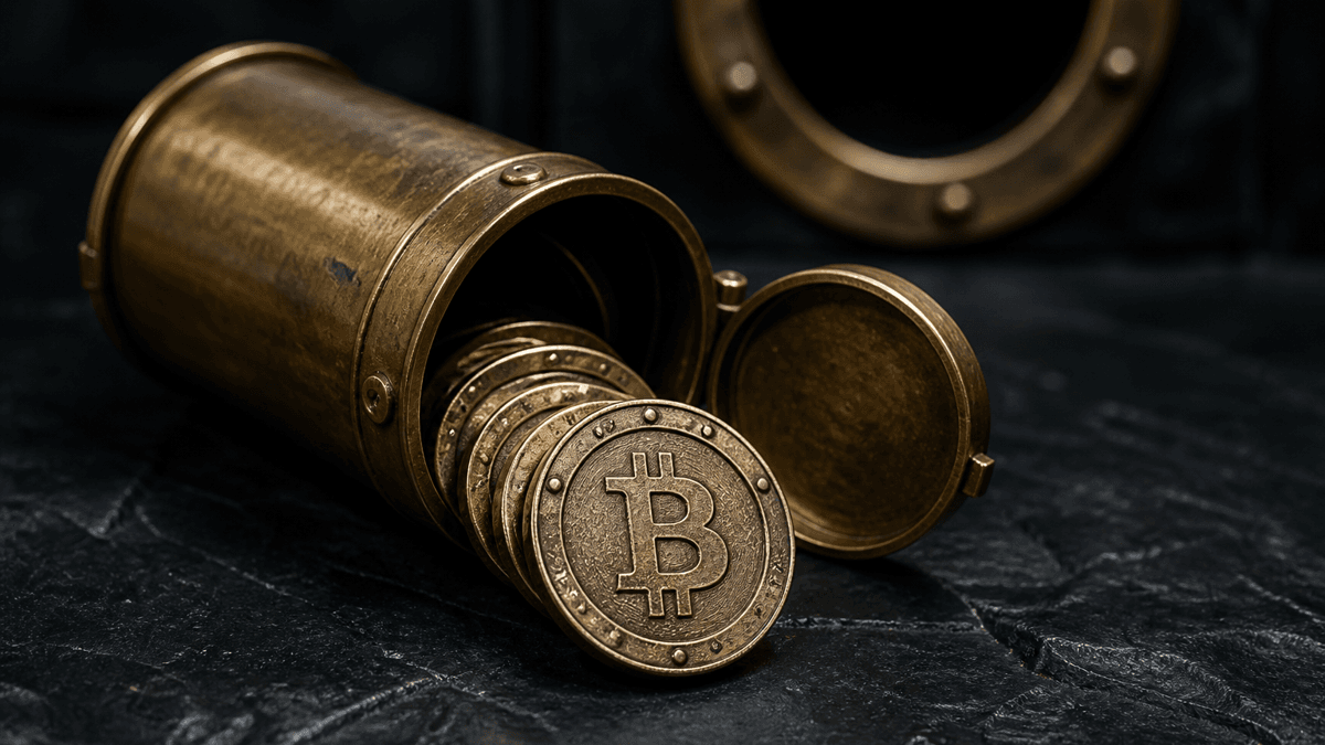 Geöffnete Messing-Rohrpostkapsel auf dunklem Schiefer, aus der mehrere Metallmünzen rollen, die vorderste mit eingeprägtem Bitcoin-Zeichen