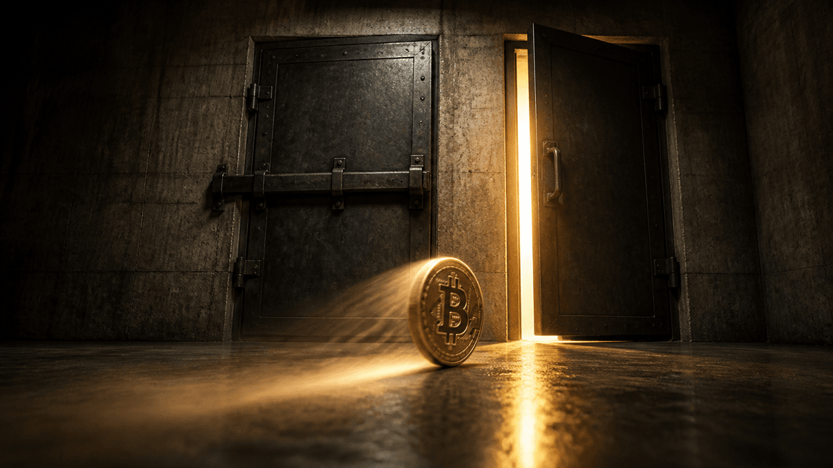 Betongang mit zwei Stahltüren: die linke verriegelt und mit Querbalken gesichert, die rechte einen Spalt offen, davor rollt eine Münze mit Bitcoin-Zeichen auf die offene Tür zu