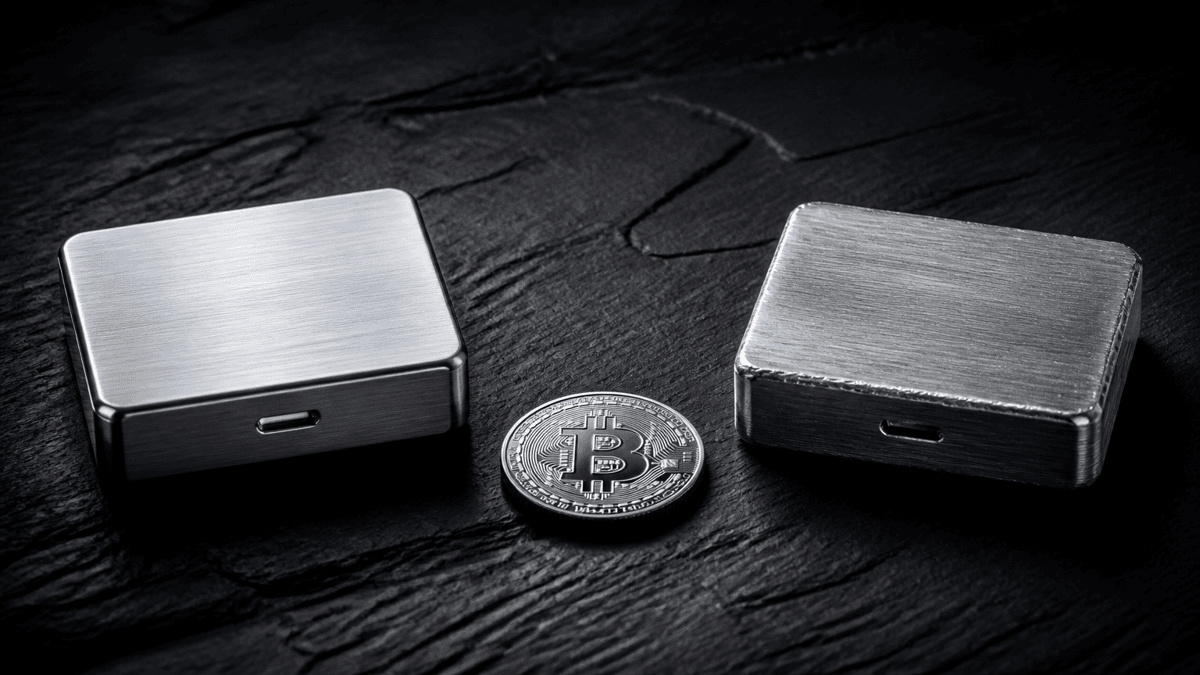 Zwei nahezu identische Metallkassetten nebeneinander im Streiflicht, die rechte mit unsauber gefrästen Kanten als Nachahmung erkennbar, dazwischen eine Münze mit Bitcoin-Zeichen