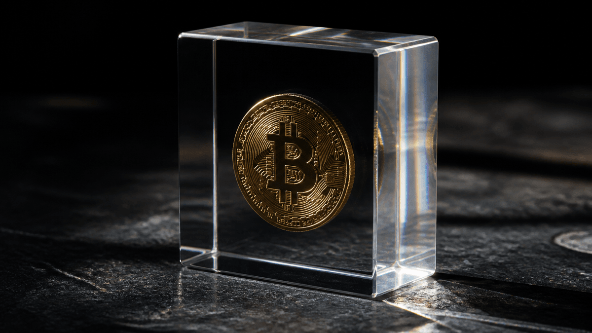 Eine Münze mit Bitcoin-Zeichen vollständig eingeschlossen in einem fugenlosen, glasklaren Acrylblock auf dunkler Steinplatte
