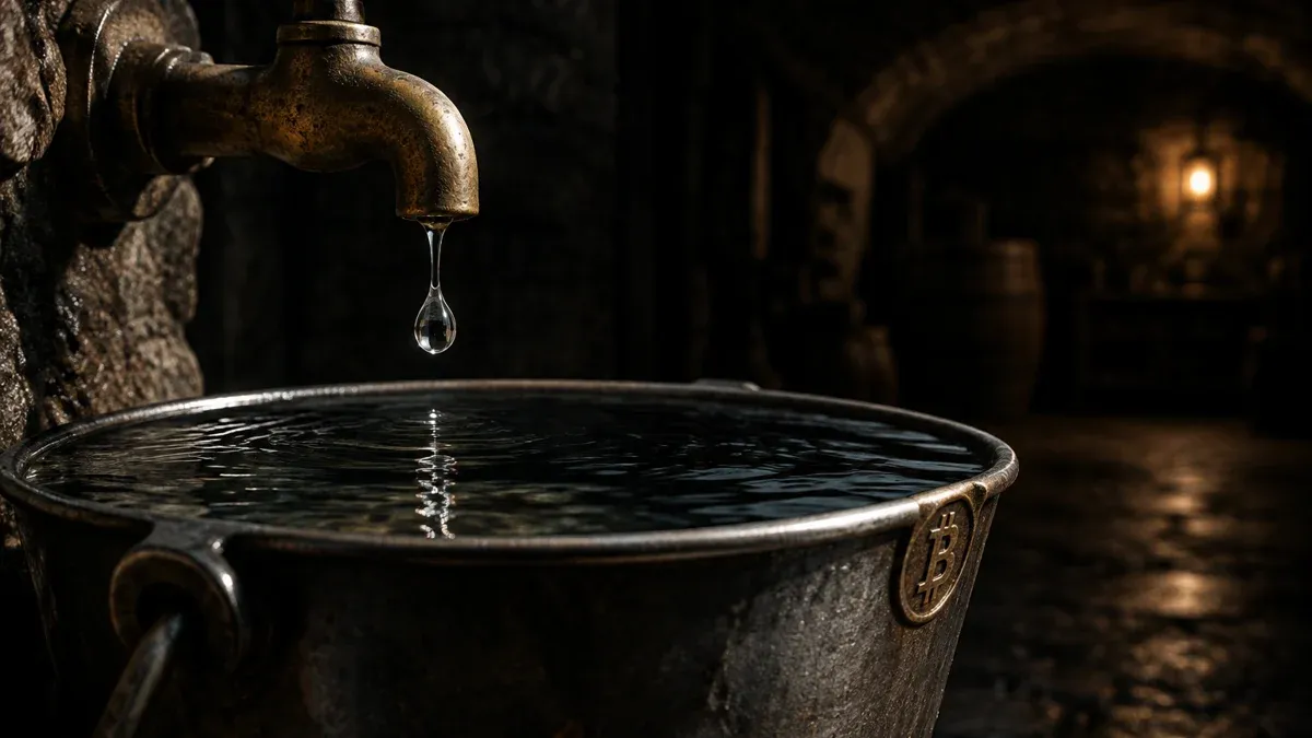 Wassertropfen fällt aus einem alten Messinghahn in einen fast randvollen Metalleimer in einem dunklen Gewölbekeller