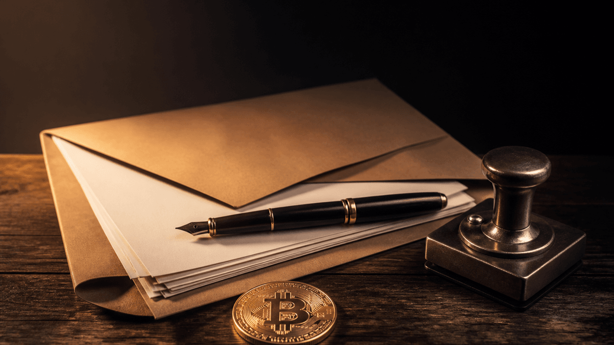 Brauner Briefumschlag mit leeren Formularbögen, Füllfederhalter und Metallstempel auf einem Schreibtisch, davor eine goldene Münze mit Bitcoin-Symbol