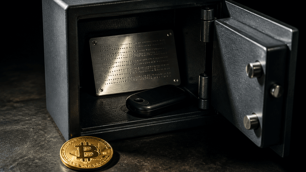 Geöffneter kleiner Stahltresor mit gravierter Metallplatte und einem schlichten schwarzen Gerät, davor eine goldene Münze mit Bitcoin-Symbol