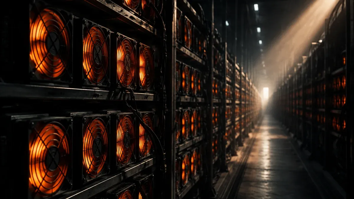 Eine lange Reihe von Mining-Rigs in einer dunklen Industriehalle, Lüfterreihen glimmen orange im Seitenlicht, ein schmaler Gang führt in die Tiefe