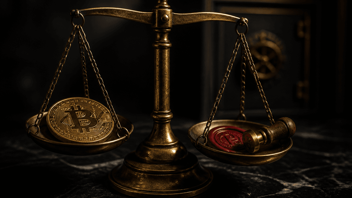 Messingfarbene Justizwaage auf dunklem Stein, in einer Schale eine Münze mit B-Prägung, in der anderen ein rotes Wachssiegel