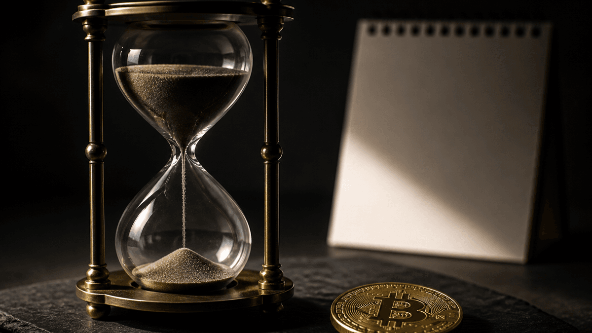 Fast abgelaufene Sanduhr im Messinggestell auf dunklem Schiefer, davor eine Goldmünze mit Bitcoin-Zeichen, dahinter ein leerer Wandkalender
