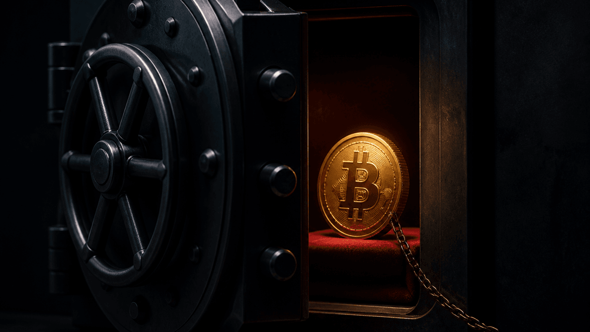 Halb geöffnete Stahl-Tresortür mit Speichenrad, im Inneren eine beleuchtete Goldmünze mit Bitcoin-Zeichen auf rotem Samt, an der Münze eine Kette