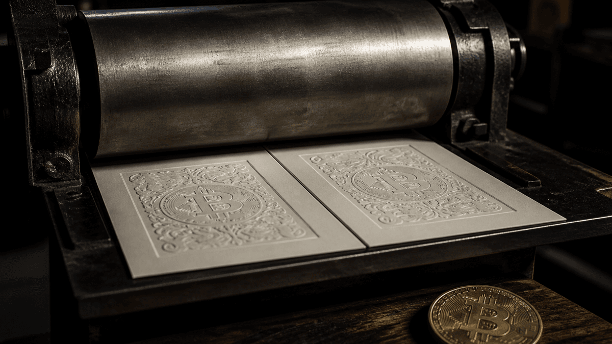 A steel roller pressing the same relief onto two sheets of paper lying side by side, next to a coin bearing the bitcoin symbol
