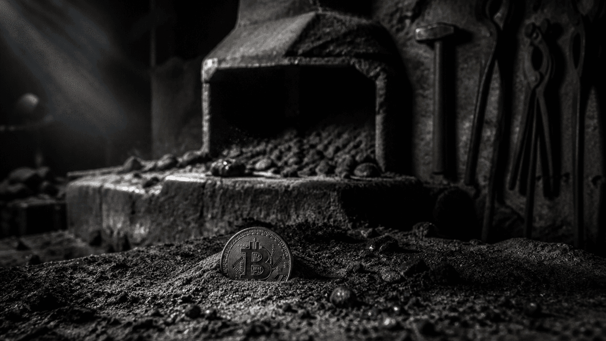 A cold forge in an abandoned workshop with grey coals and a coin bearing the bitcoin symbol half buried in the ash