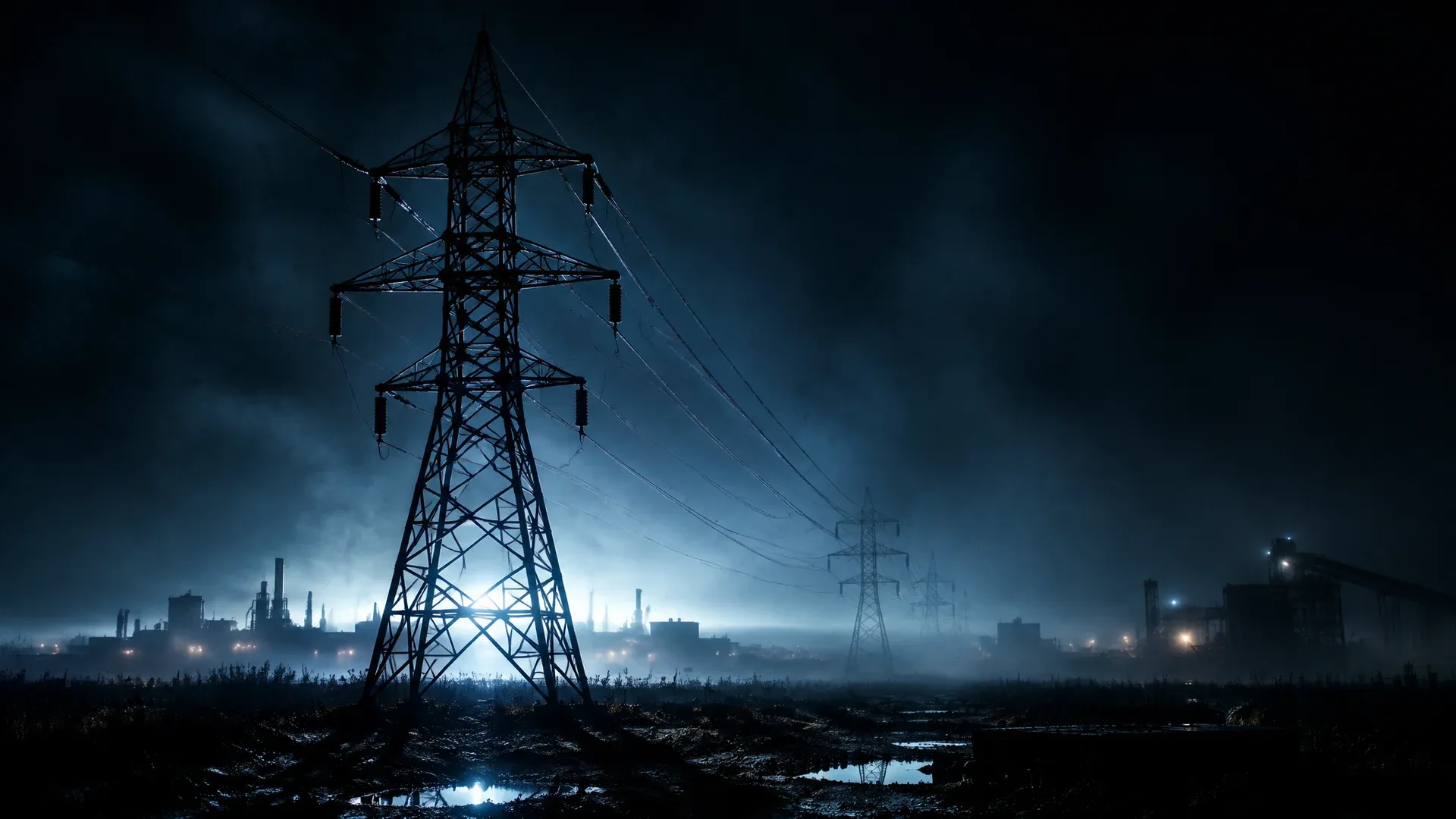 High-voltage pylon at night above industrial wasteland, the lines disappearing into haze