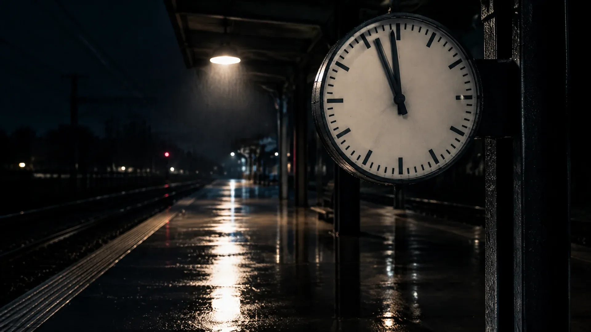 Large station clock without numerals on an empty platform at night, the minute hand just before its jump