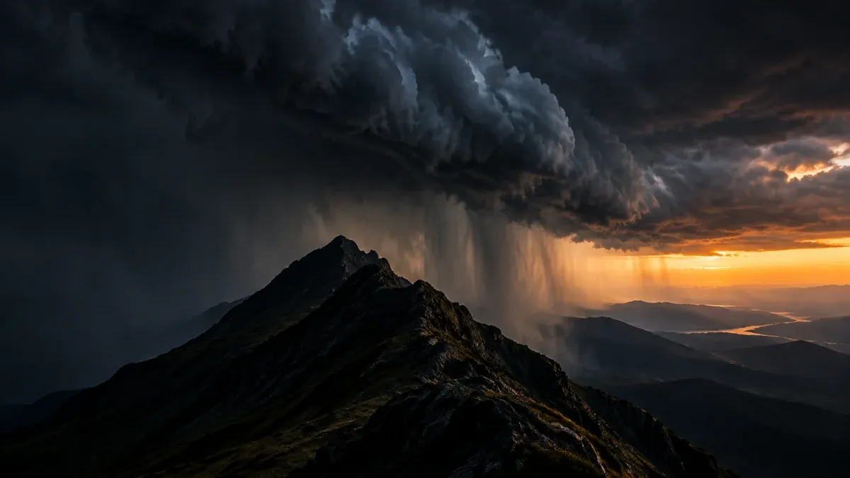 Un muro oscuro de nubes de tormenta avanza sobre una cresta montañosa afilada, con una última franja de luz del atardecer a la derecha