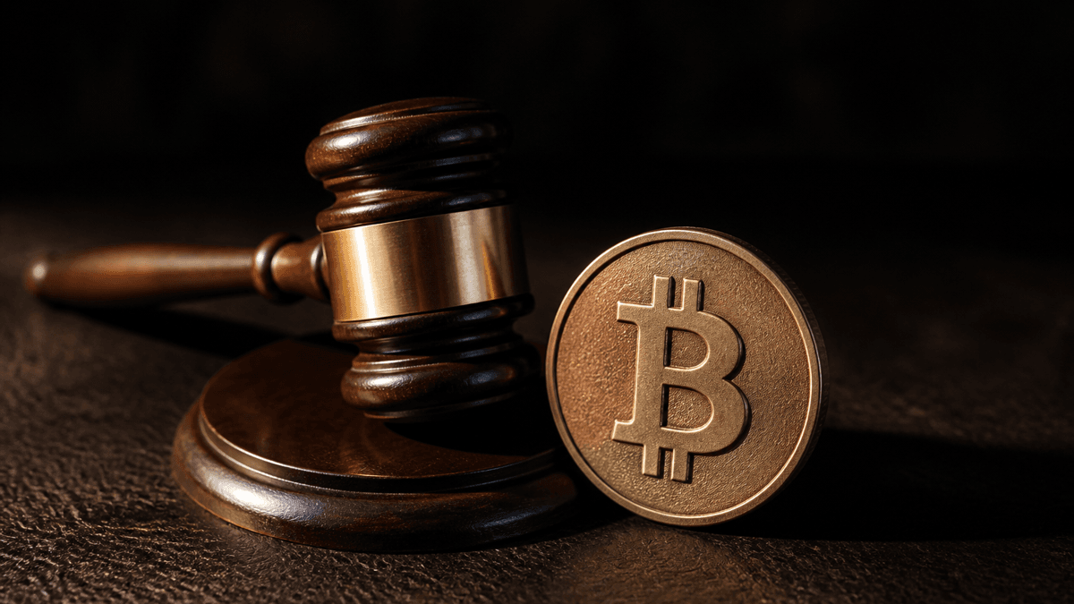 Hölzerner Richterhammer auf seinem Schallblock, daneben eine angelehnte Münze mit eingeprägtem Bitcoin-Zeichen