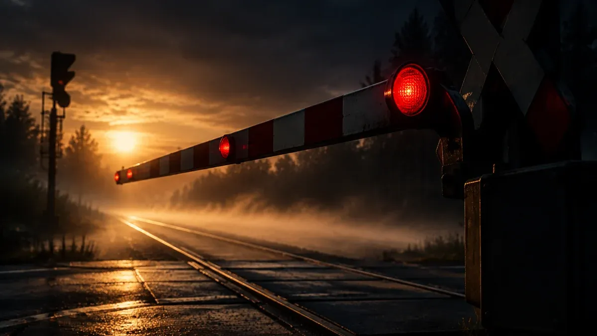 Schwere Bahnschranke senkt sich im Abendgegenlicht über einen leeren Bahnübergang im Nebel