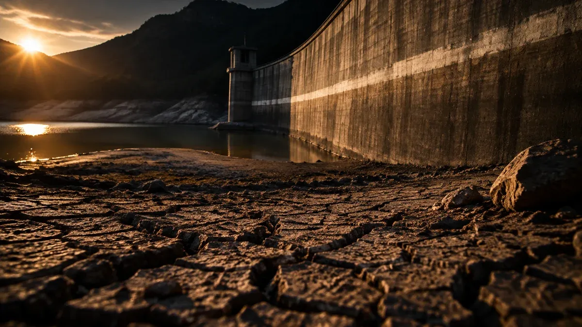 Stausee mit sehr niedrigem Wasserstand, die alte Hochwasserlinie zeichnet sich als helles Band an der Betonsperrmauer ab