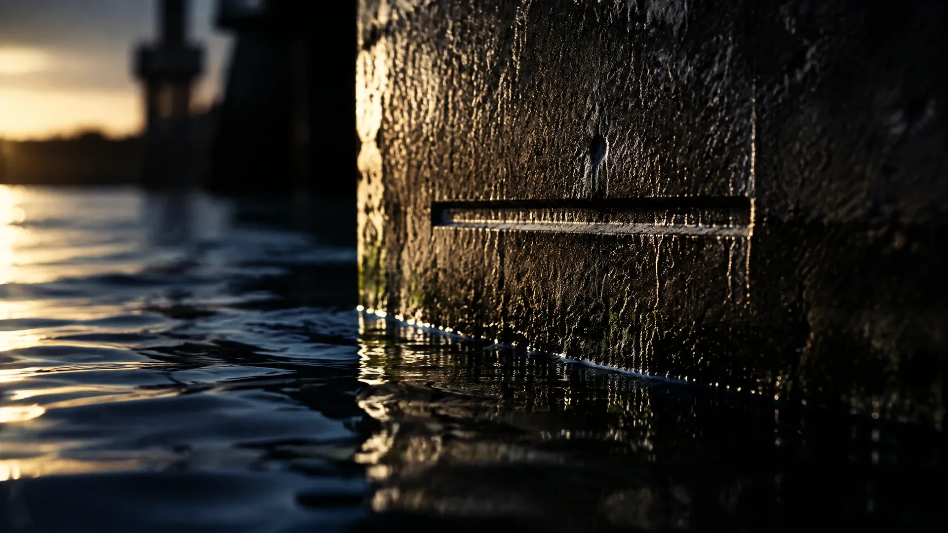 In Hafenbeton gemeißelte waagerechte Pegelmarke, der Wasserstand steht eine Handbreit darunter
