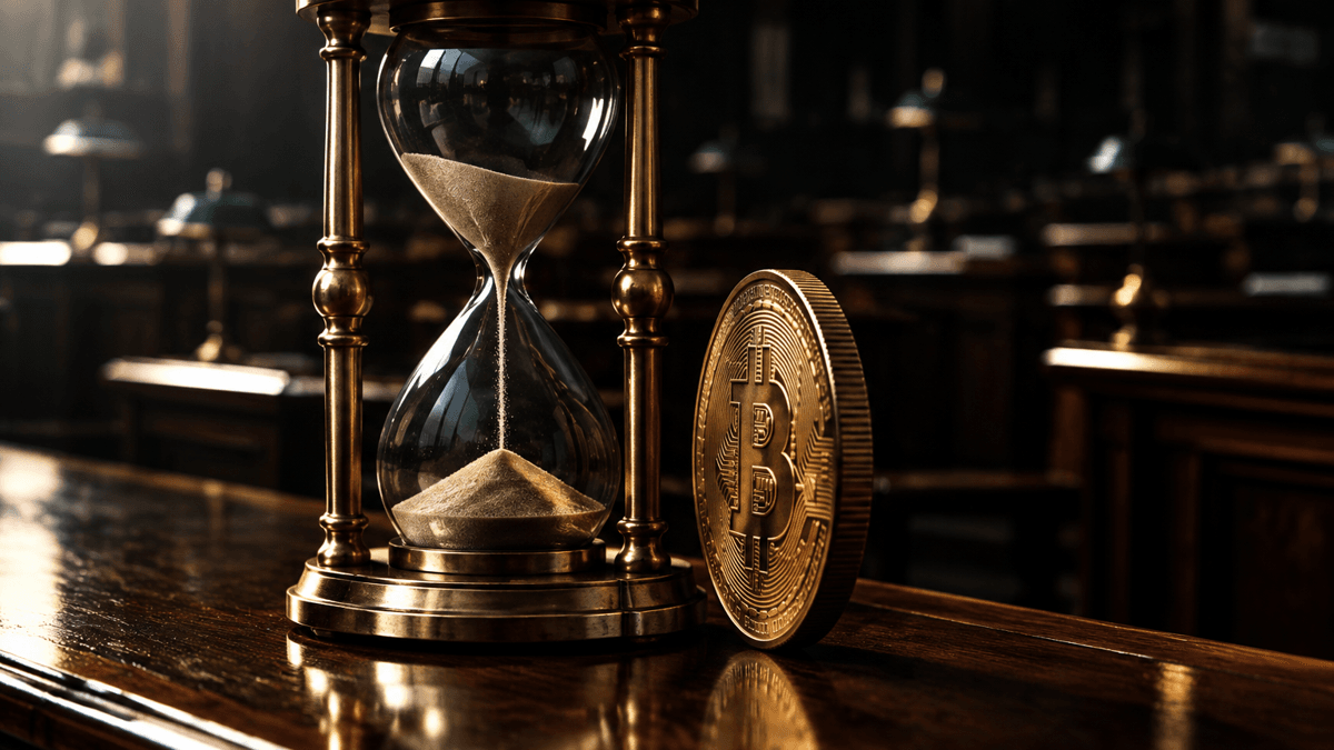 Eine Sanduhr aus Messing und Rauchglas neben einer hochkant stehenden Münze mit eingeprägtem Bitcoin-Zeichen auf einem dunklen Handelspult