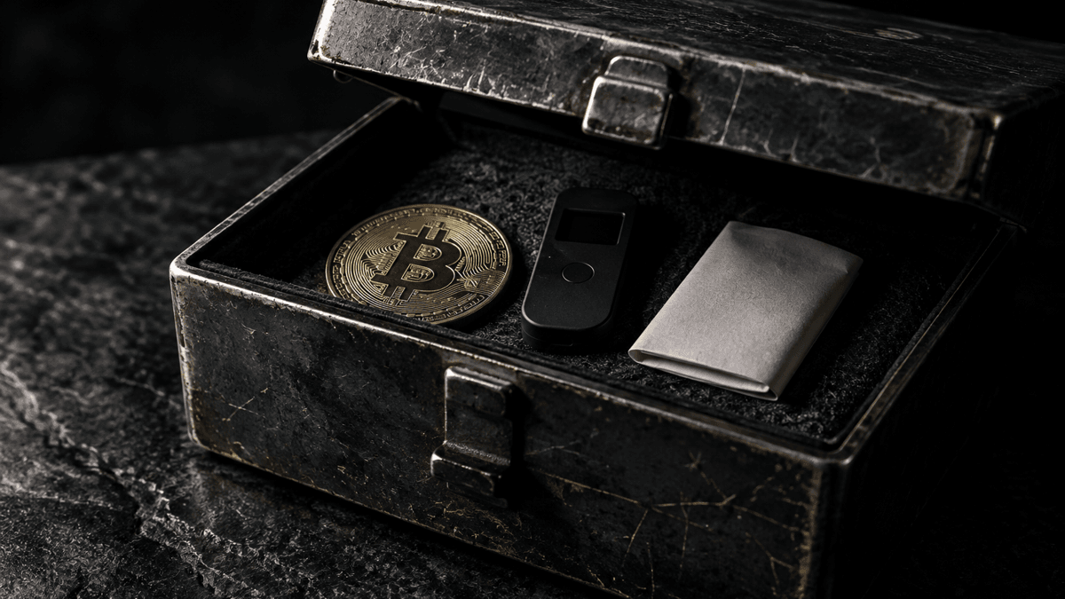Eine geöffnete Stahlkassette mit einer Münze mit eingeprägtem Bitcoin-Zeichen, einem kleinen schwarzen Gerät und einem gefalteten Blatt Papier
