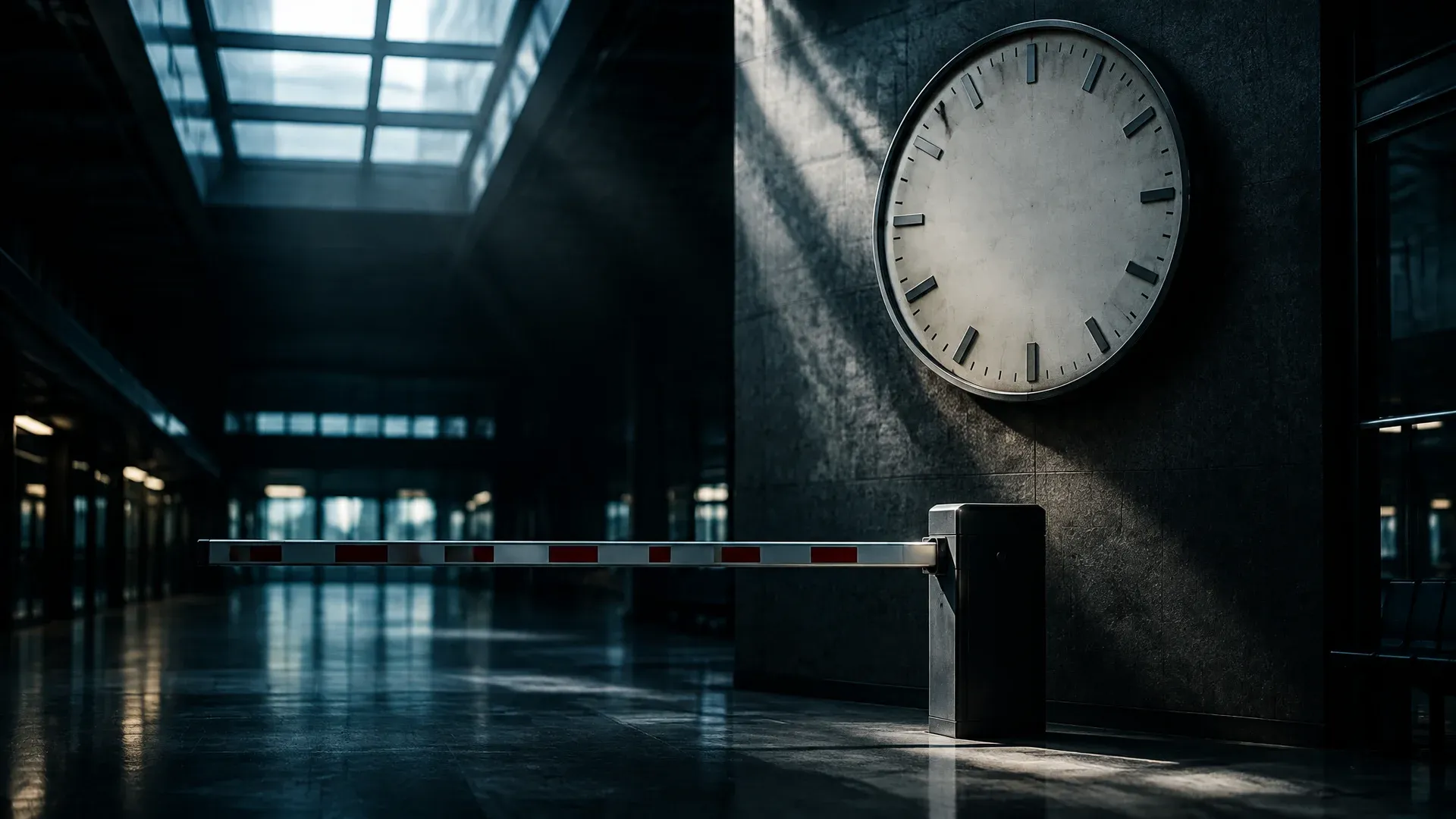 Bahnhofsuhr ohne Ziffern und Zeiger über einer geschlossenen Schranke in einer leeren Abfertigungshalle