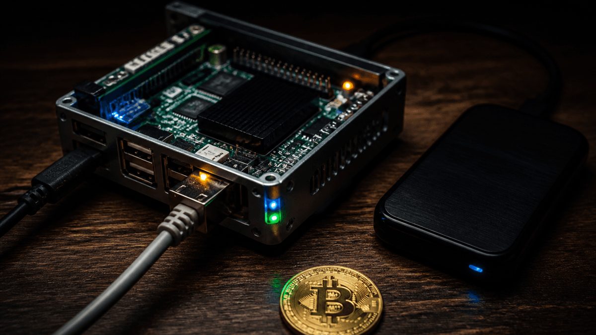 Einplatinenrechner im offenen Metallgehäuse mit externer Festplatte, Netzwerkkabel und Bitcoin-Münze auf einem Holztisch