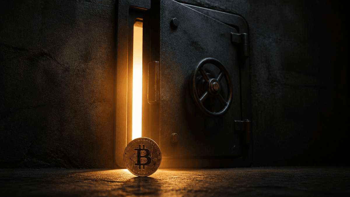 Schwere Stahlklappe fällt zu, aus dem schmalen Spalt fällt Licht auf eine davorstehende Bitcoin-Münze