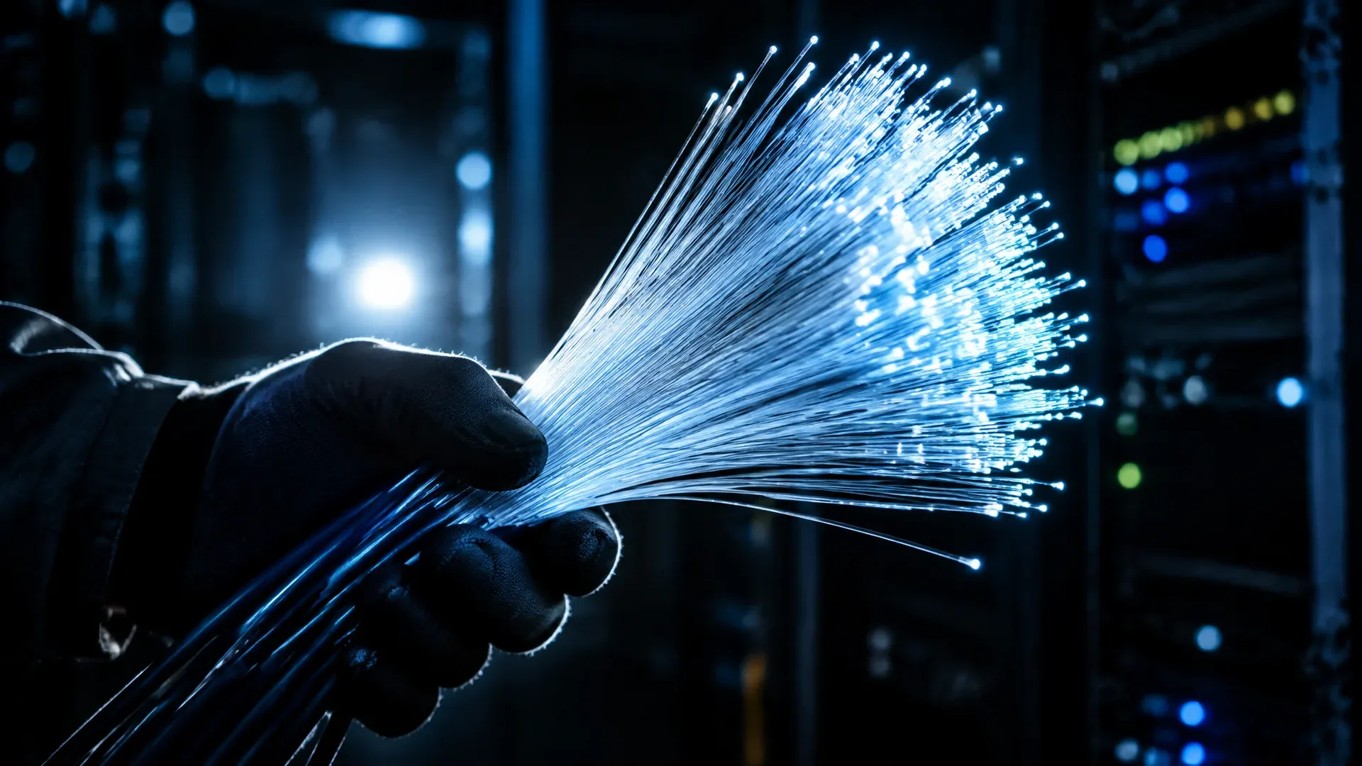 Fanned-out bundle of fibre optic cables backlit, held by a gloved hand