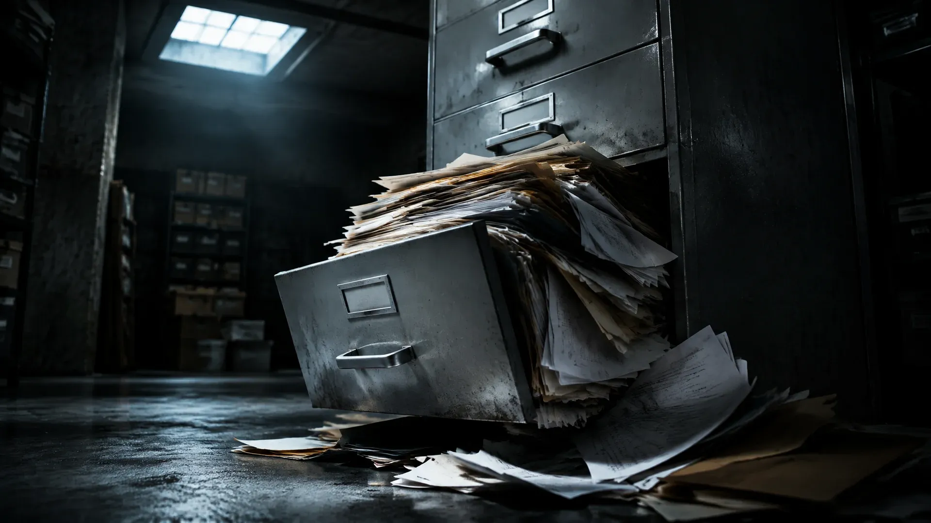 Überfüllte Schublade eines Stahl-Aktenschranks in einem Archivkeller, Papierstapel quellen heraus