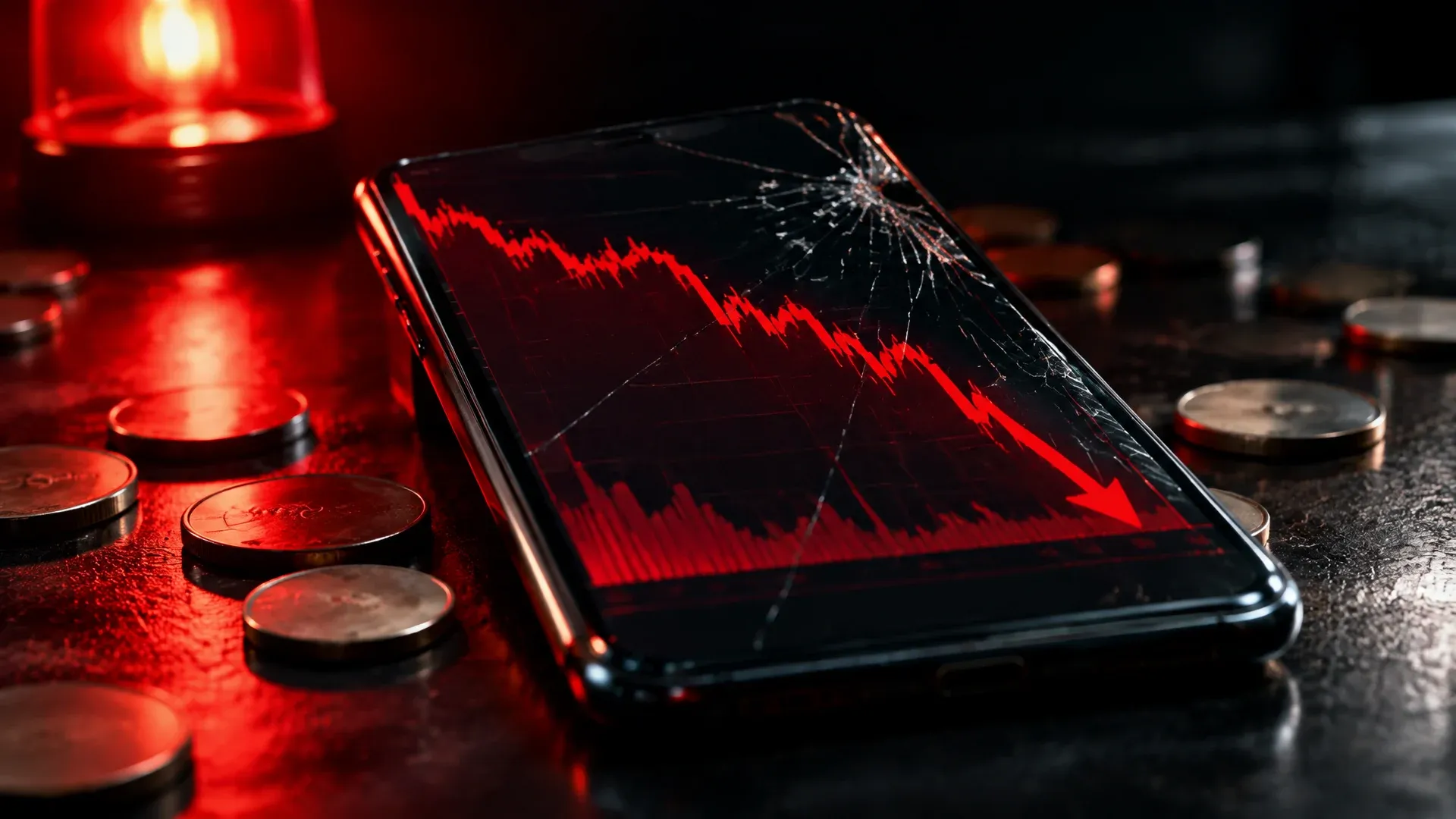 Smartphone mit rotem fallendem Kursverlauf und Sprung im Glas, daneben Münzen ohne Prägung