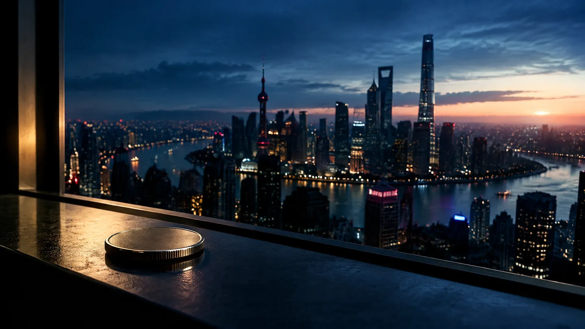 Skyline einer asiatischen Finanzmetropole im Morgengrauen, im Vordergrund eine Münze auf dem Fensterbrett
