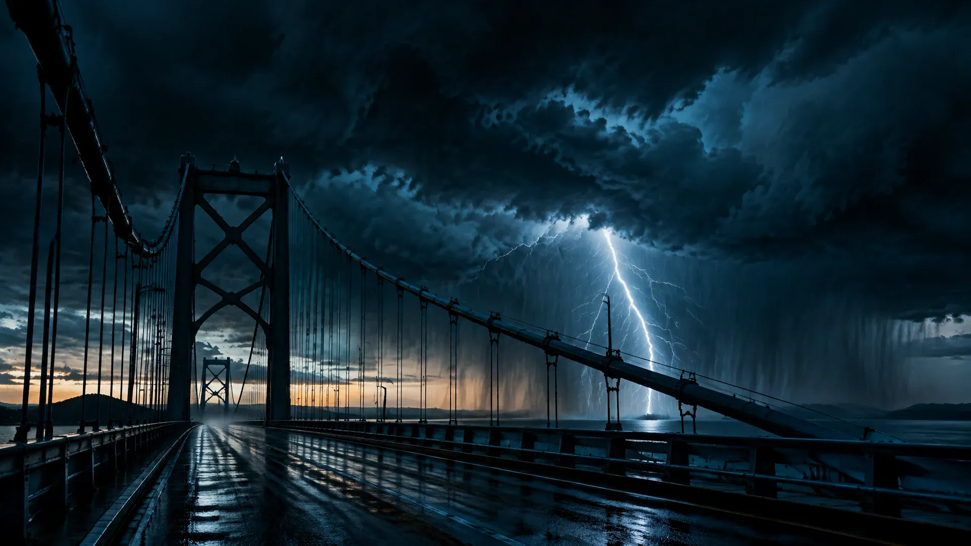 Gewitterfront mit Blitz über einer leeren Hängebrücke, Sinnbild für die Bitcoin Crash Historie