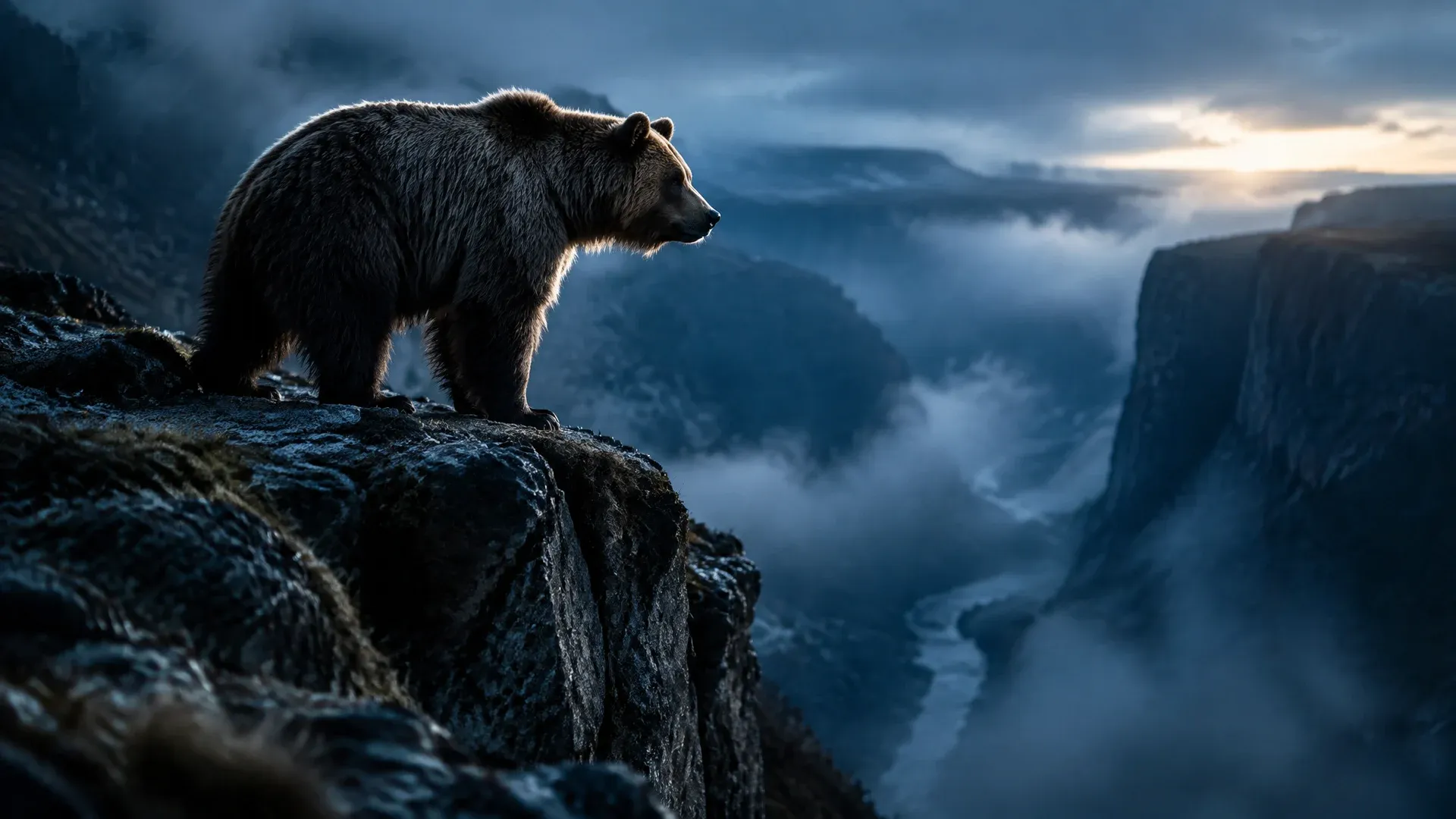 Bär an einer Felskante über einer nebligen Schlucht, Sinnbild für den Bärenmarkt nach einem Bitcoin Crash