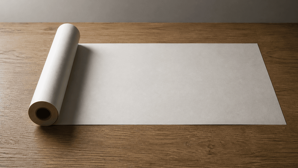 Eine breite Papierbahn, zur Haelfte von einer Rolle abgewickelt, liegt glatt auf einer leeren Holztischplatte