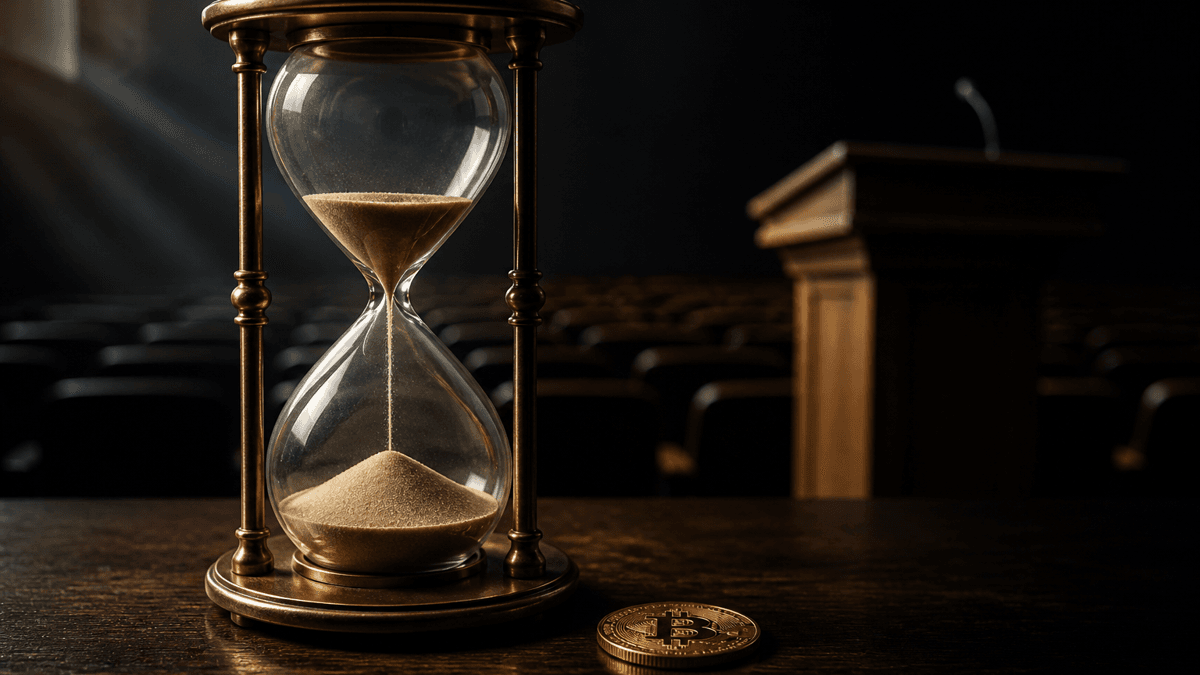 Reloj de arena casi agotado junto a una moneda de Bitcoin tumbada, ante un atril vacío y filas de sillas vacías