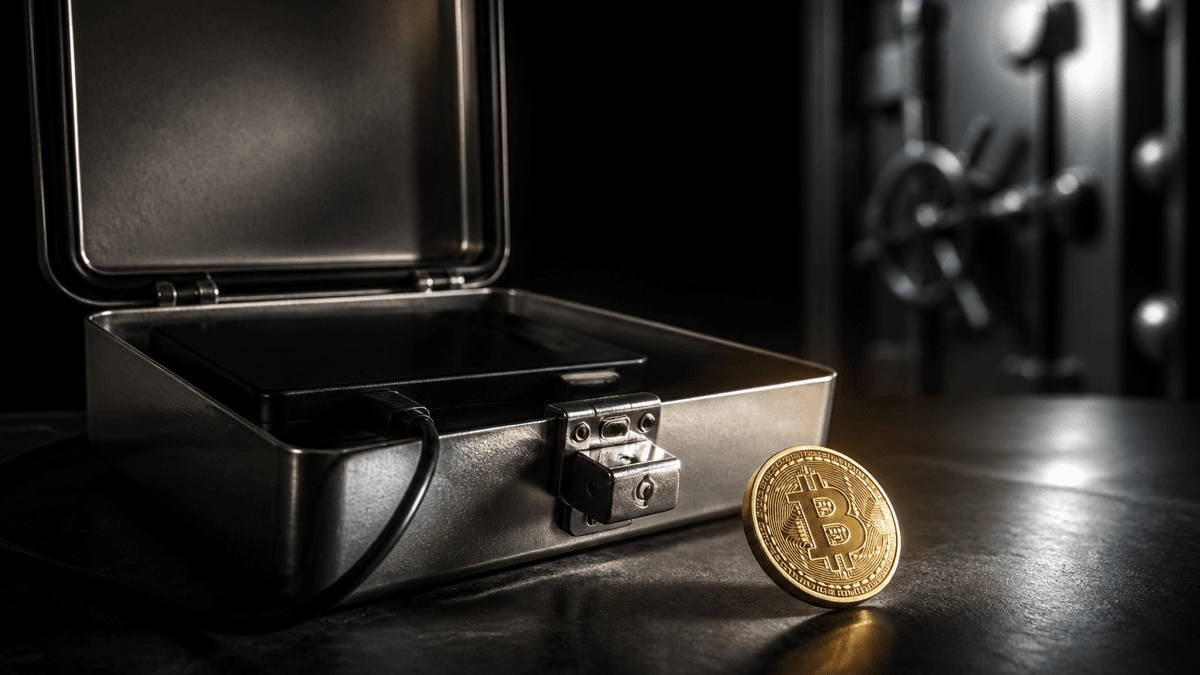 Caja de acero abierta con un aparato electrónico oscuro, delante una moneda de Bitcoin rodando ante la puerta entornada de una caja fuerte