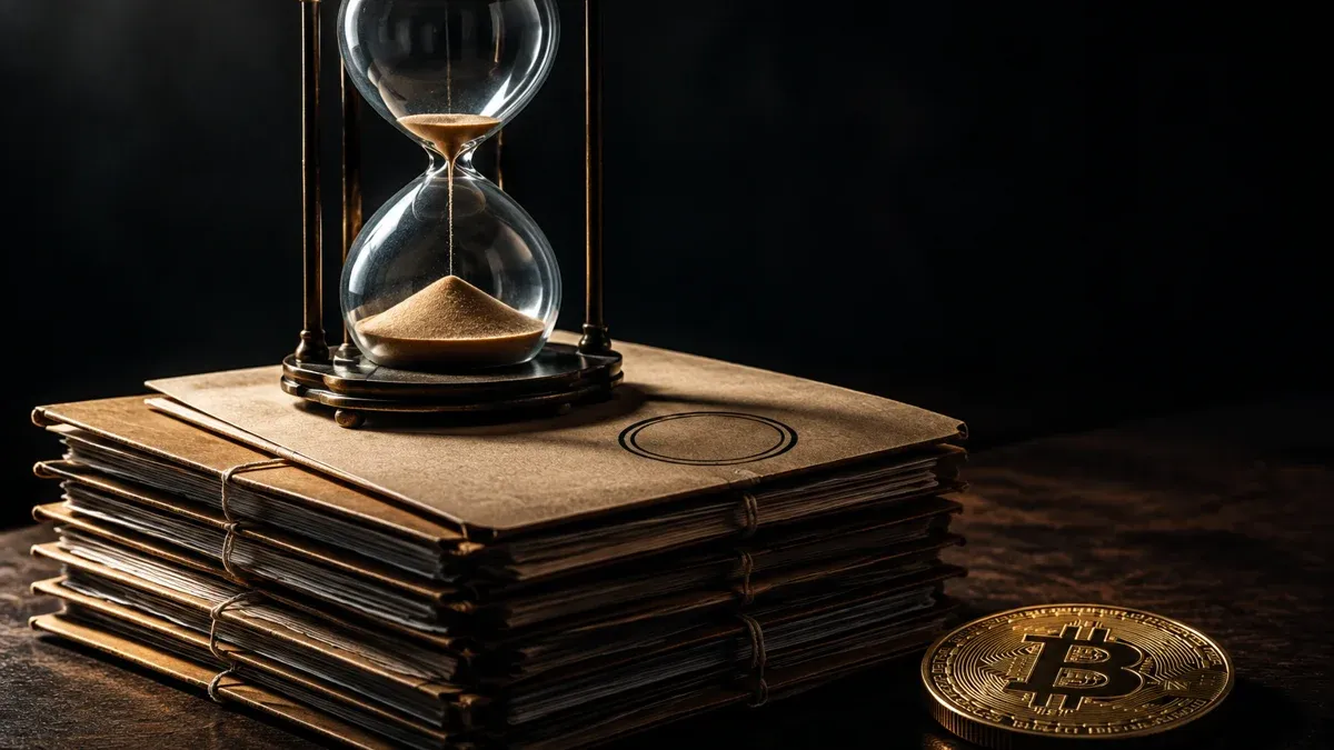 Fast durchgelaufene Sanduhr auf einem Stapel gebundener Aktenmappen mit leerem Stempelabdruck, daneben eine liegende Münze mit Bitcoin-Zeichen