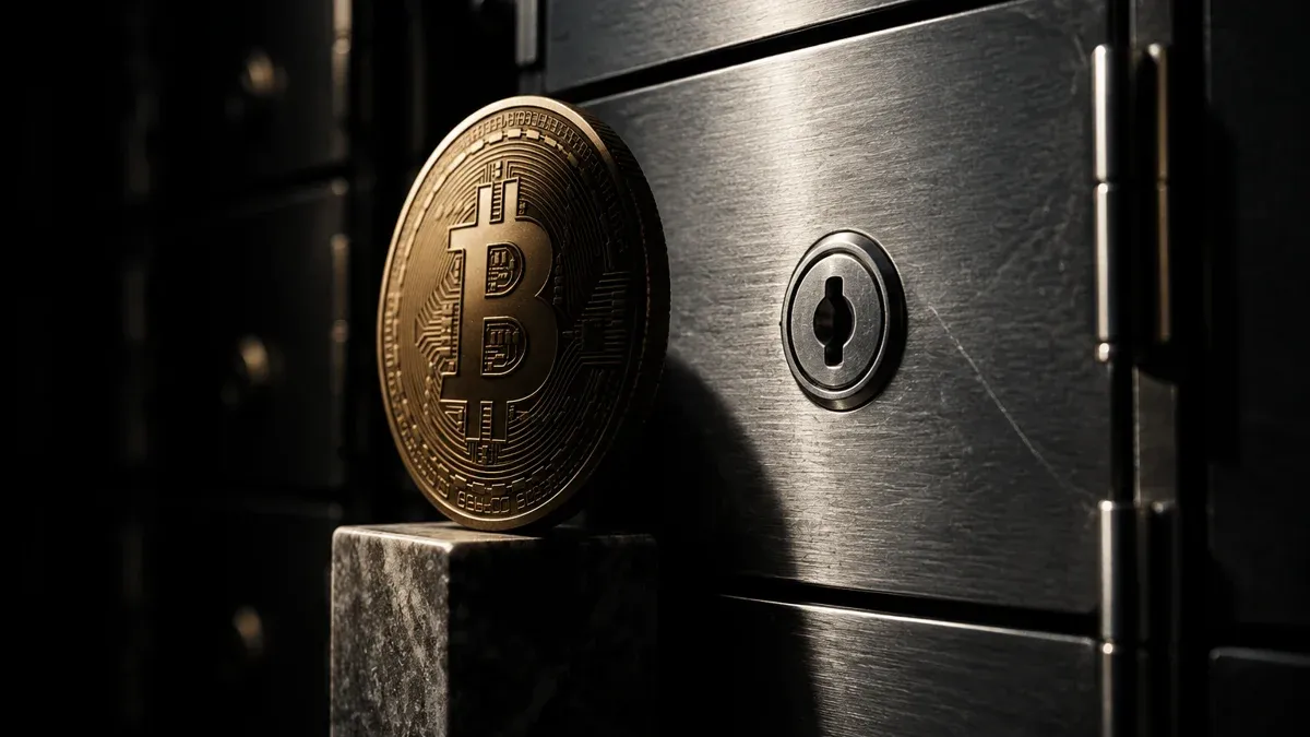 Geschlossene Stahltür eines Bankschließfachs in einer Tresorwand, davor eine hochkant stehende Münze mit Bitcoin-Zeichen auf einem Steinsockel
