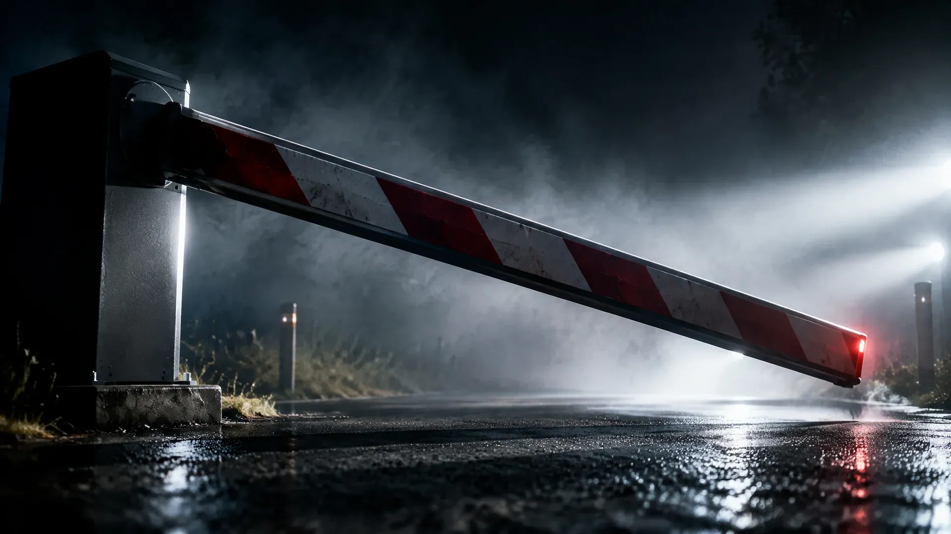 Ein rot-weiß gestreifter Schlagbaum senkt sich bei Nacht im Scheinwerferlicht über eine nasse, leere Zufahrt, dahinter Nebel