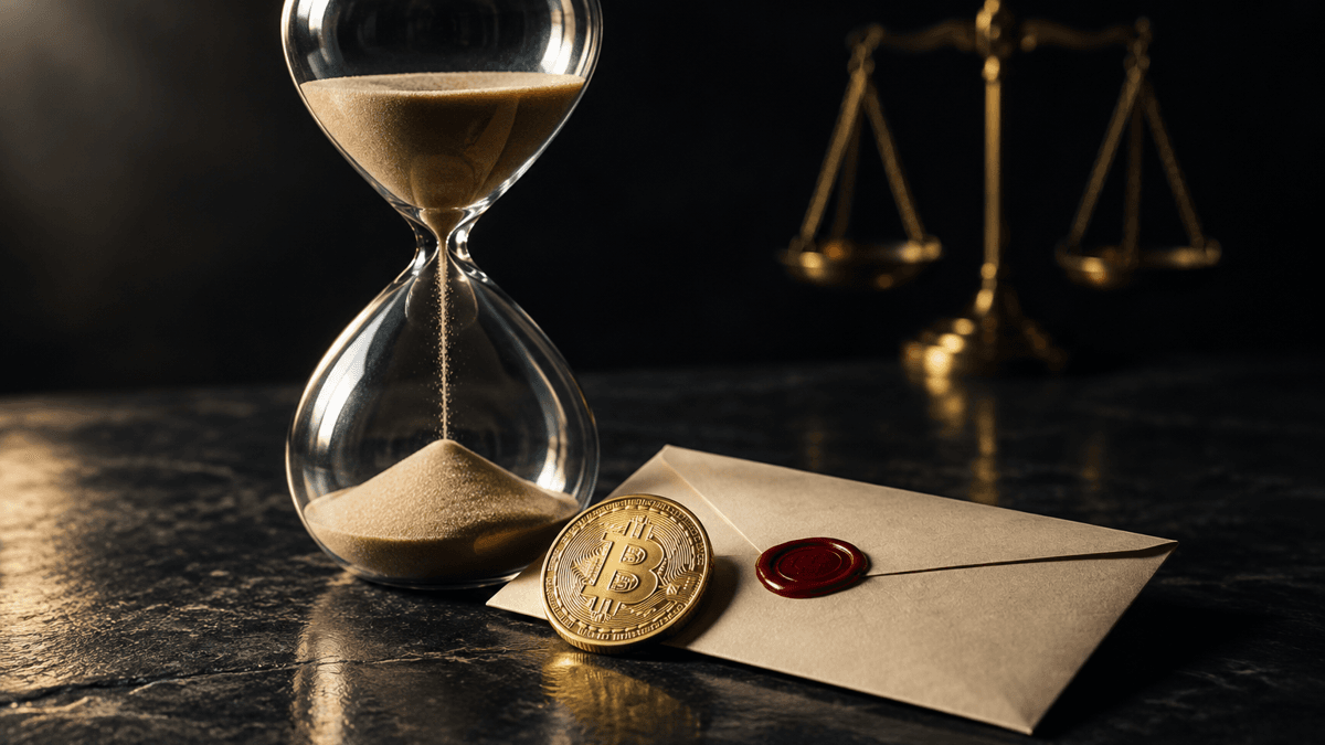 Sanduhr mit rieselndem Sand, davor ein Briefumschlag mit rotem Siegellack und eine Goldmünze mit Bitcoin-Zeichen