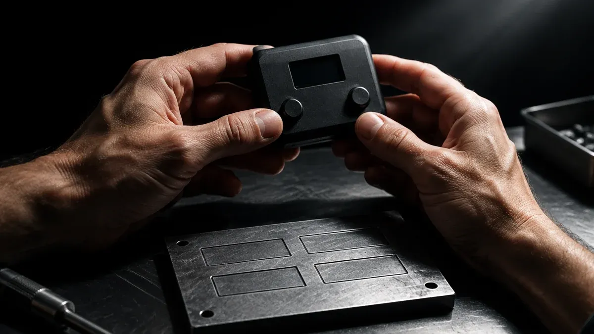 Hardware-Wallet ohne Aufschrift in zwei Händen, darunter eine Stahlplatte mit leeren Markierungsfeldern