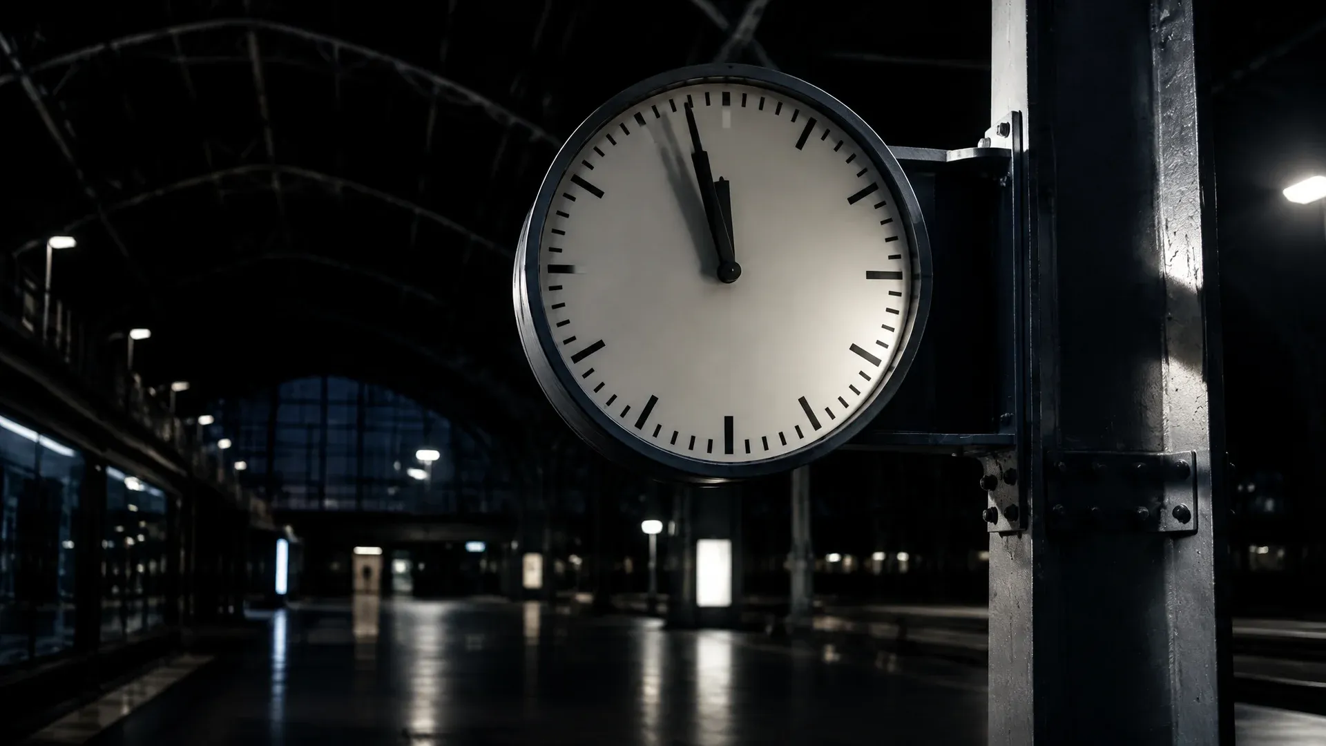 Große Bahnhofsuhr ohne Ziffern an einem Stahlträger in einer leeren nächtlichen Bahnhofshalle, der Minutenzeiger kurz vor der vollen Stunde